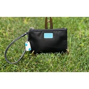 Coach Wristlet Pouch Black with Turquoise‎ Accent Small Handbag Purse